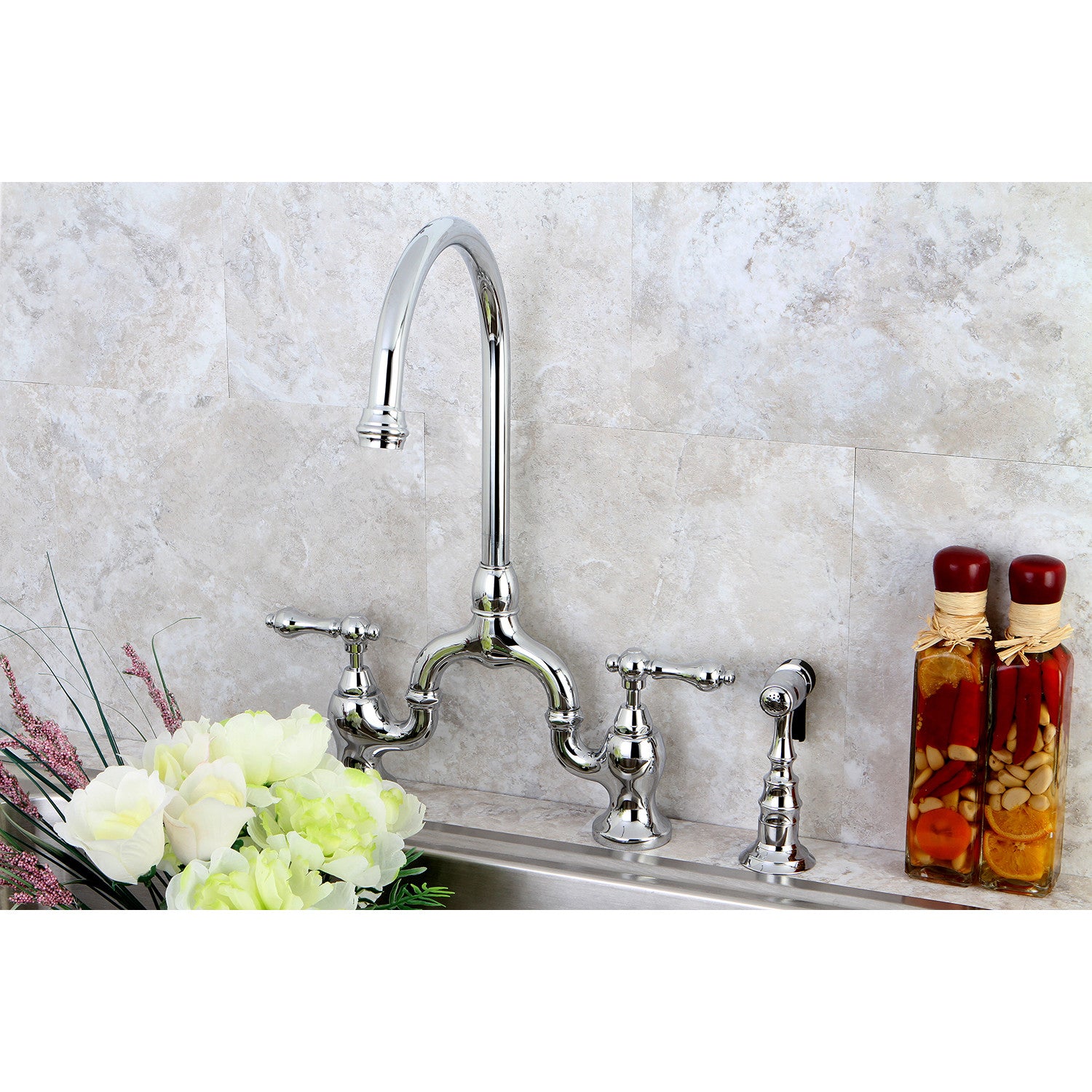 Kingston Heirloom KS7791ALBS - English Country Two-Handle 3-Hole Deck Mount Bridge Kitchen Faucet with Brass Sprayer, Polished Chrome — thumbnail 2